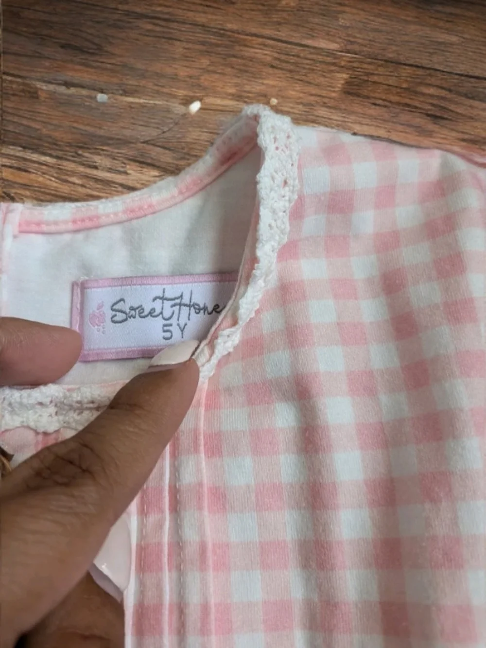 SweetHoney Pink and White Gingham Long-Sleeve Dress with Wooden Buttons